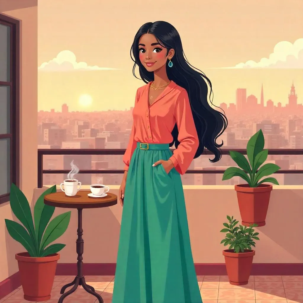 Terrace Daydream: Cartoon Middle Eastern Woman