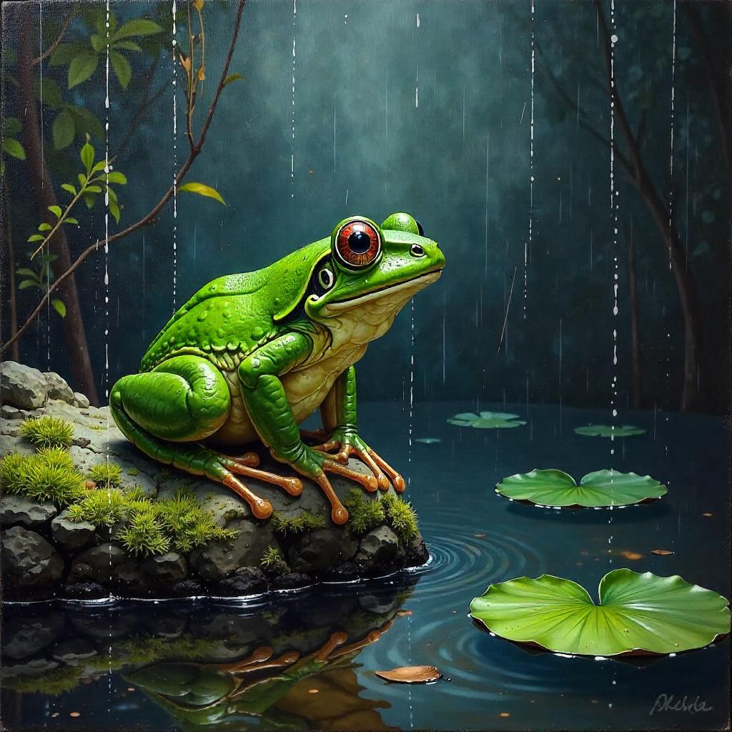 Storm-Soaked Frog: An Oil Painting in Heavy Rain