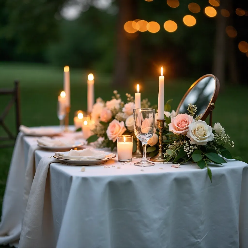 Romantic Outdoor Table Decor with Candles and Pearls