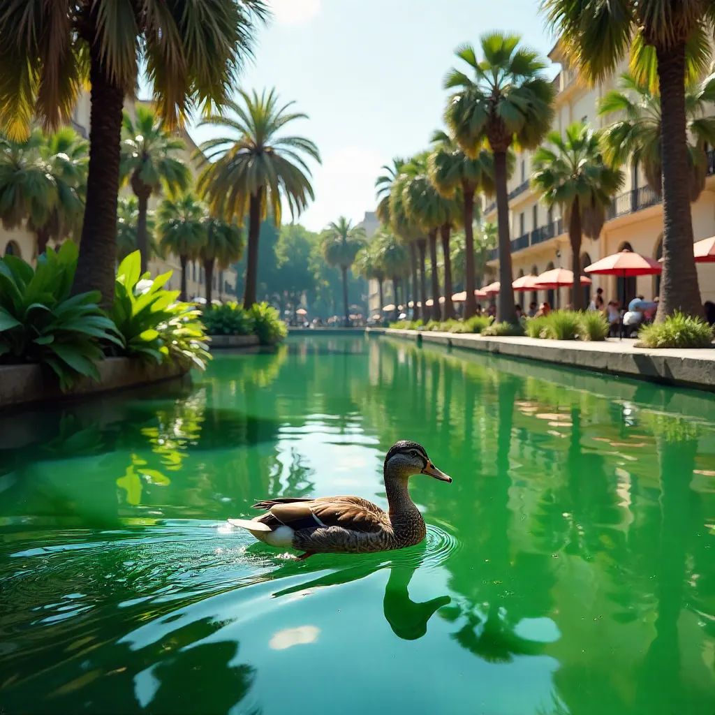 Lone Duck Gliding on a Vibrant Green Pond in Lima