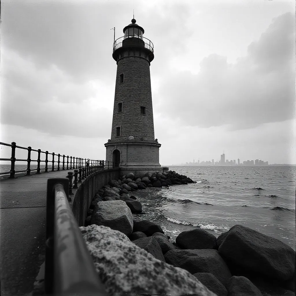 Monochrome Chicago Harbor Lighthouse over Lake Michigan