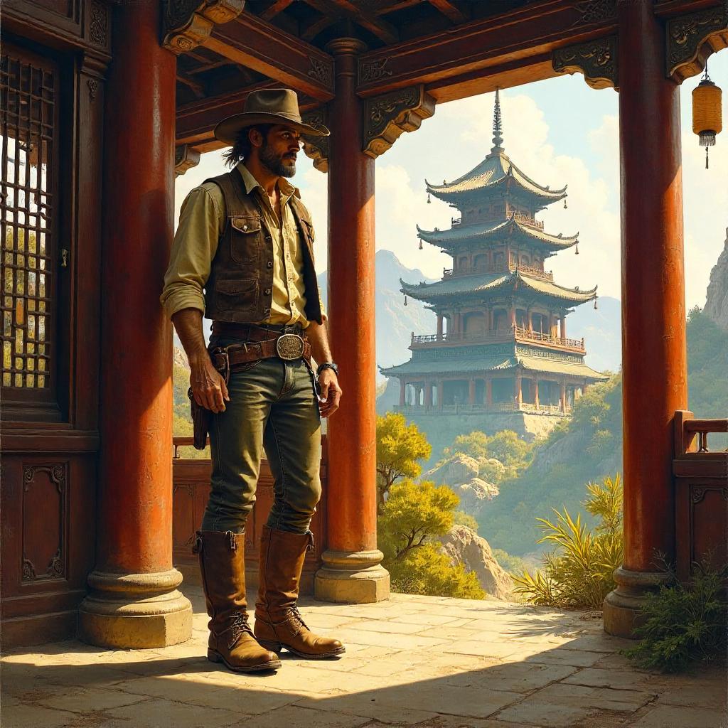 Cowboy in a Pagoda: An Oil Painting