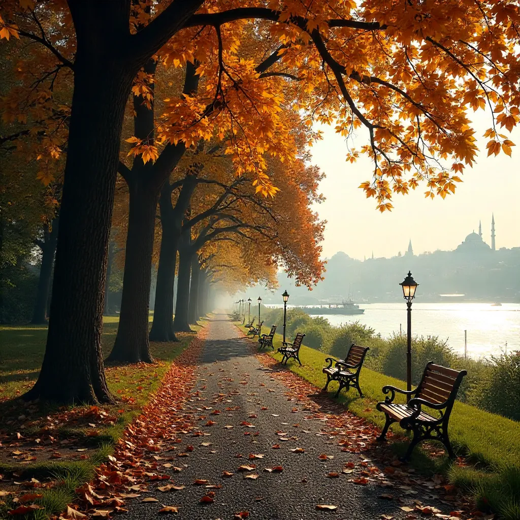 Autumnal Winding Path in a Serene Istanbul Park