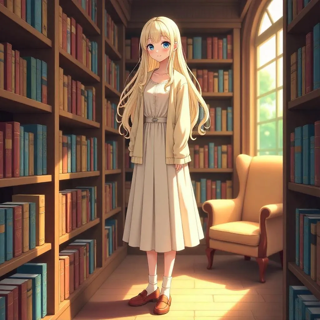 Elegant anime girl in a cozy bookstore