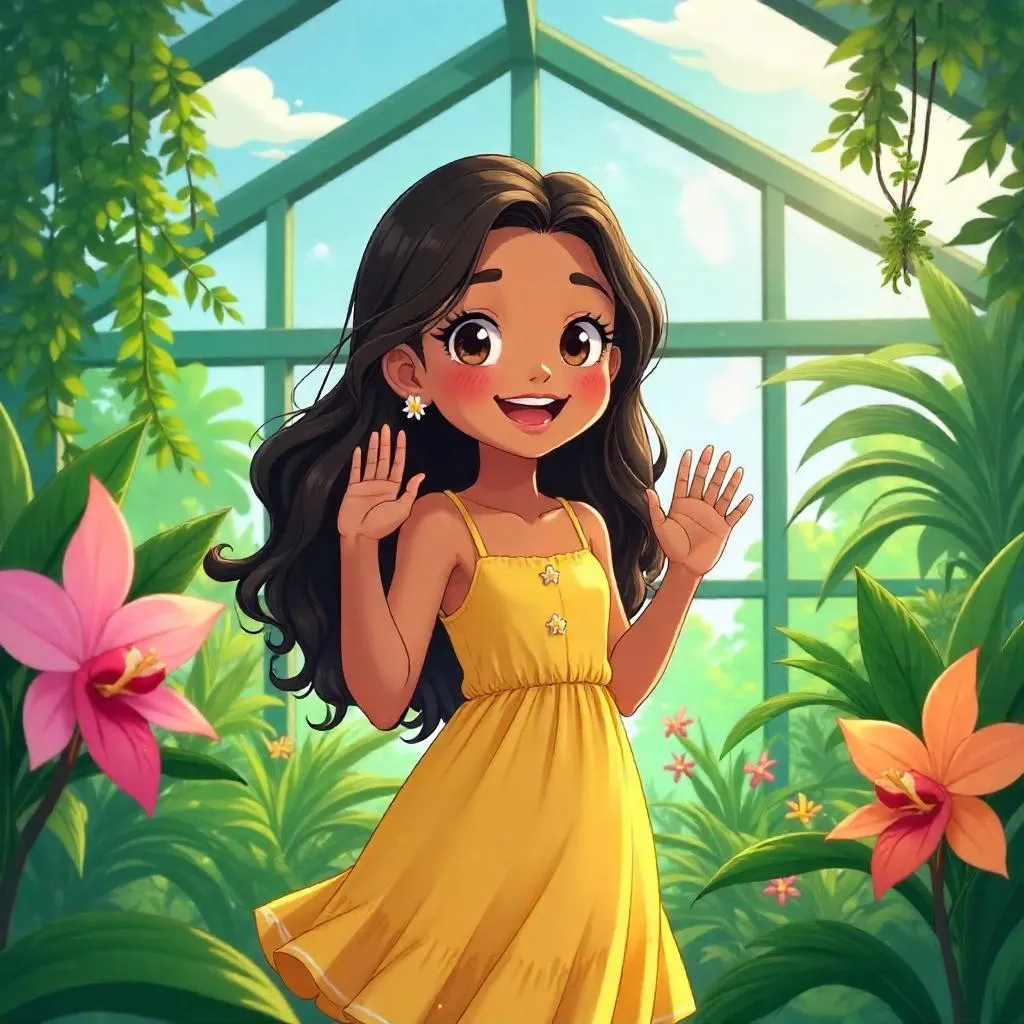 Cheerful Latina Girl in a Lush Greenhouse (Anime)