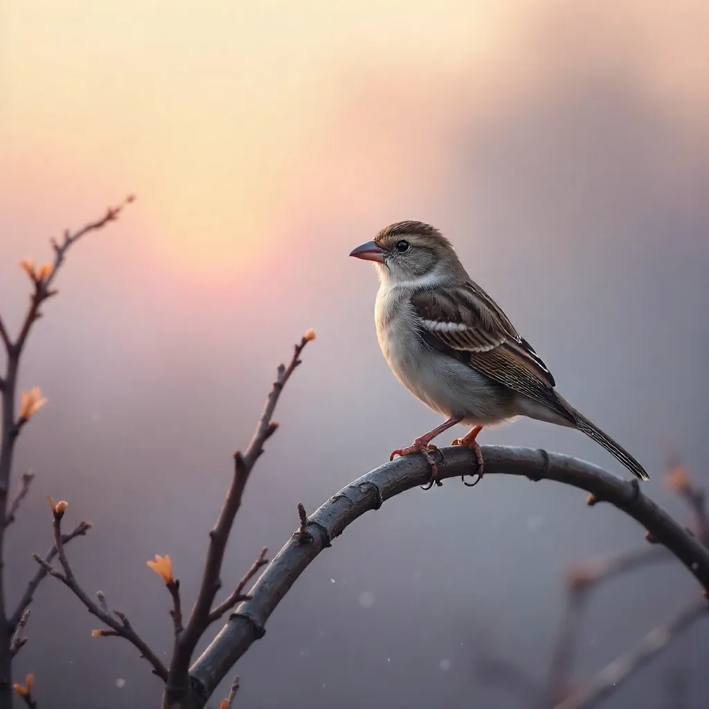 Mist-Dawn Sparrow on Dry Branches