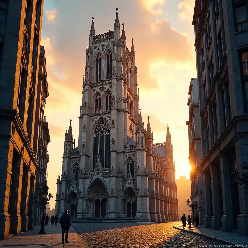 Gothic Tower Framed by Sunset Cityscape