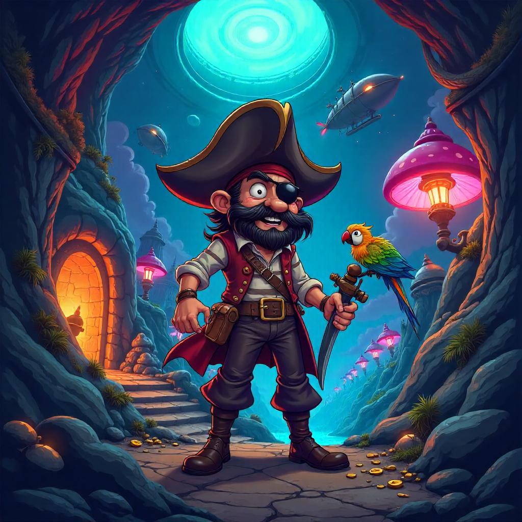 Cartoon Pirate in the Neon Underground City