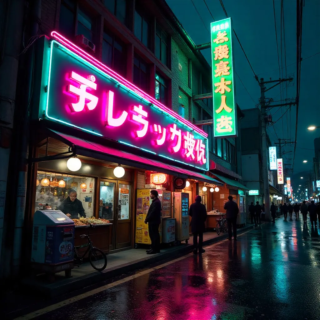 Neon Night on a Bustling Japanese Street with Karaoke