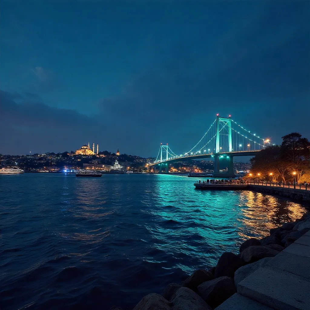 Illuminated Bosphorus Bridge and Istanbul Night Skyline