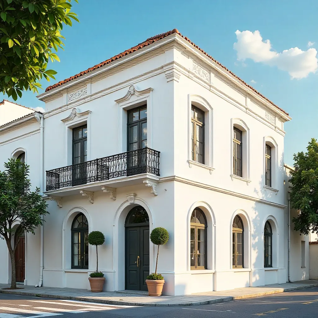 Elegant White Building with Balcony under Blue Sky