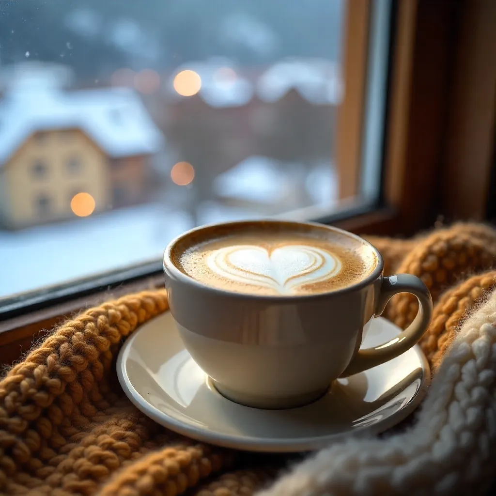Cozy Latte Art on Warm Blanket in Snowy Graz