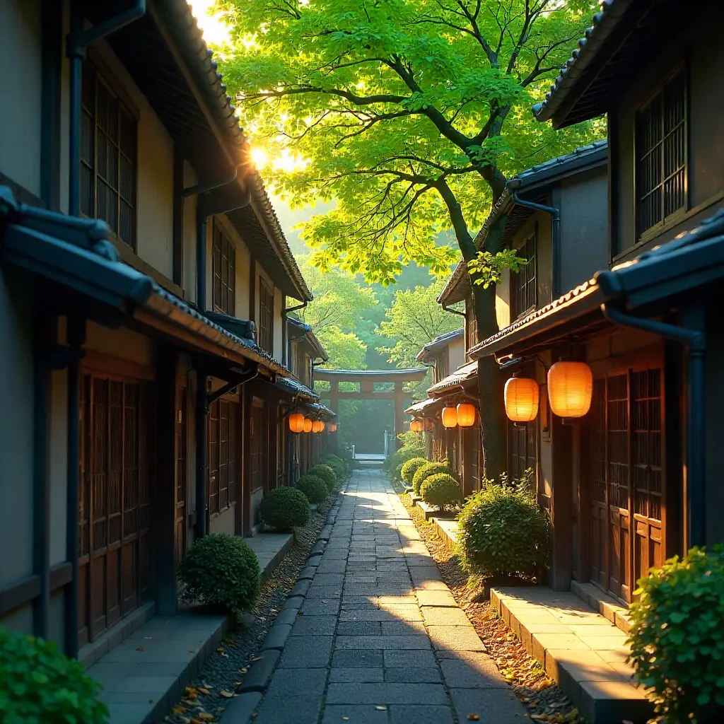 Kyoto Serene Street with Lush Trees and Machiya