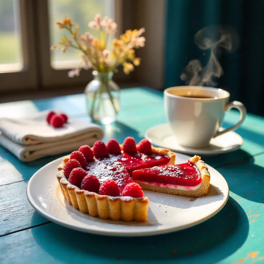 Cozy Raspberry Tart on a Vibrant Blue Table
