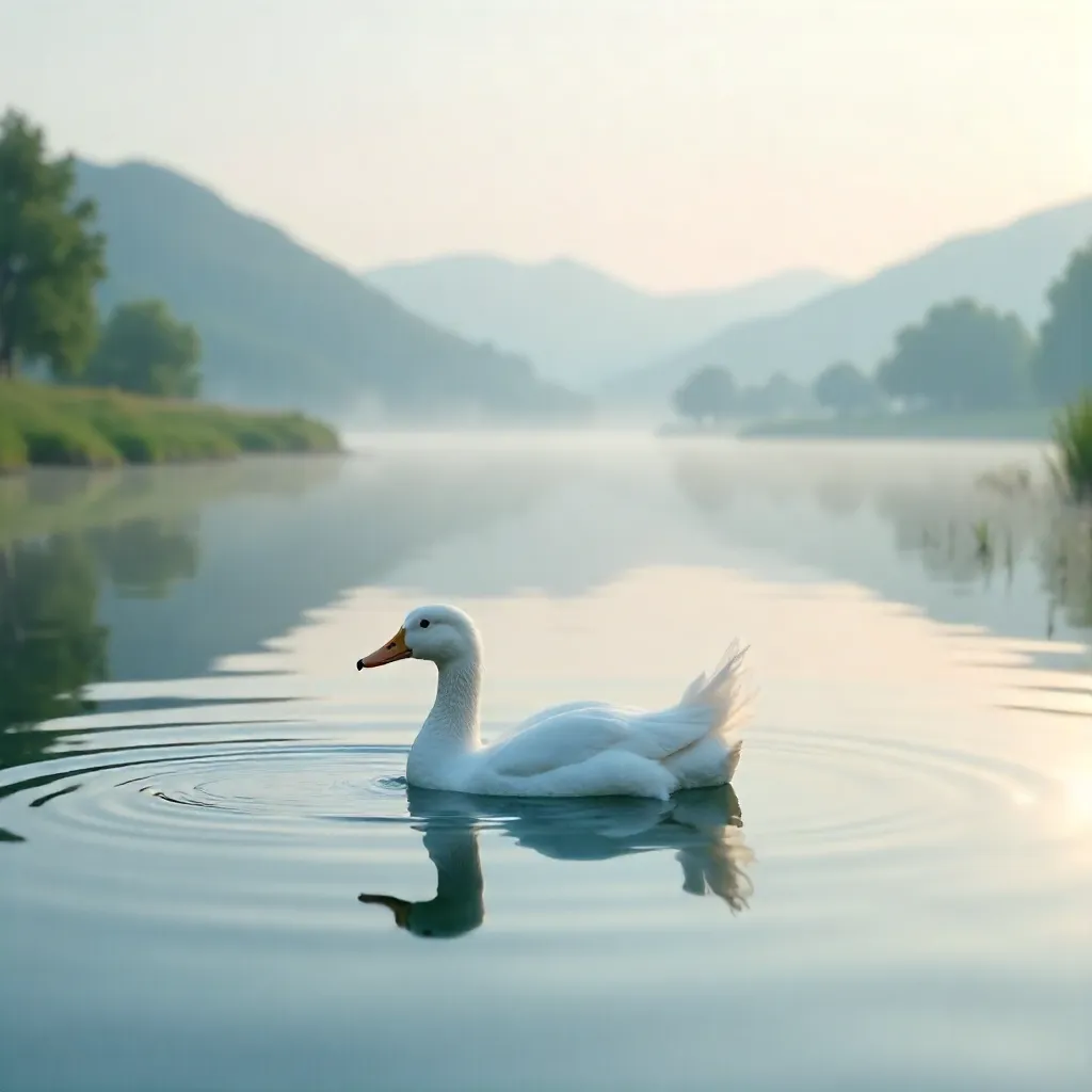 White duck gliding on a mirror-like lake with reflections