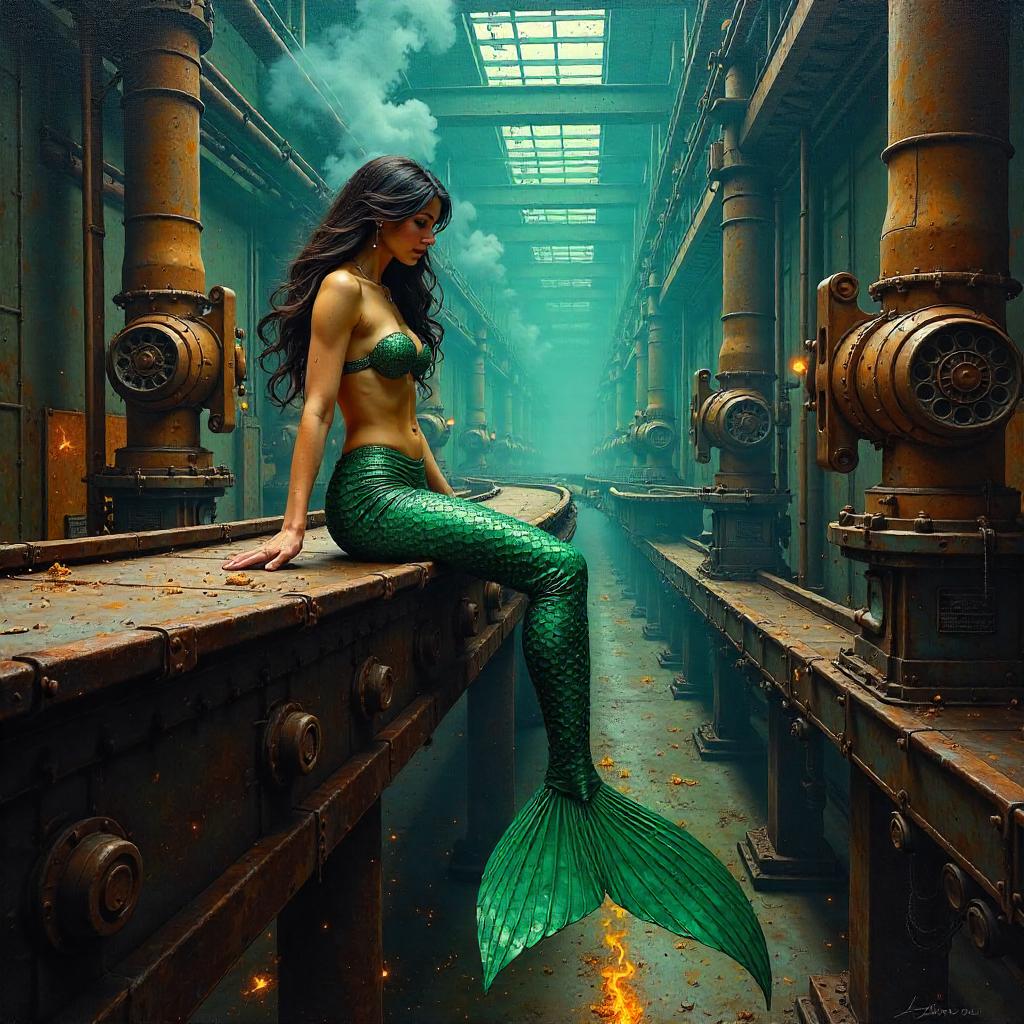 Mermaid Amid Iron: An Industrial Oil Painting