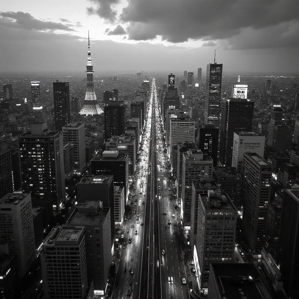 Dramatic B&W Aerial Tokyo Landscape