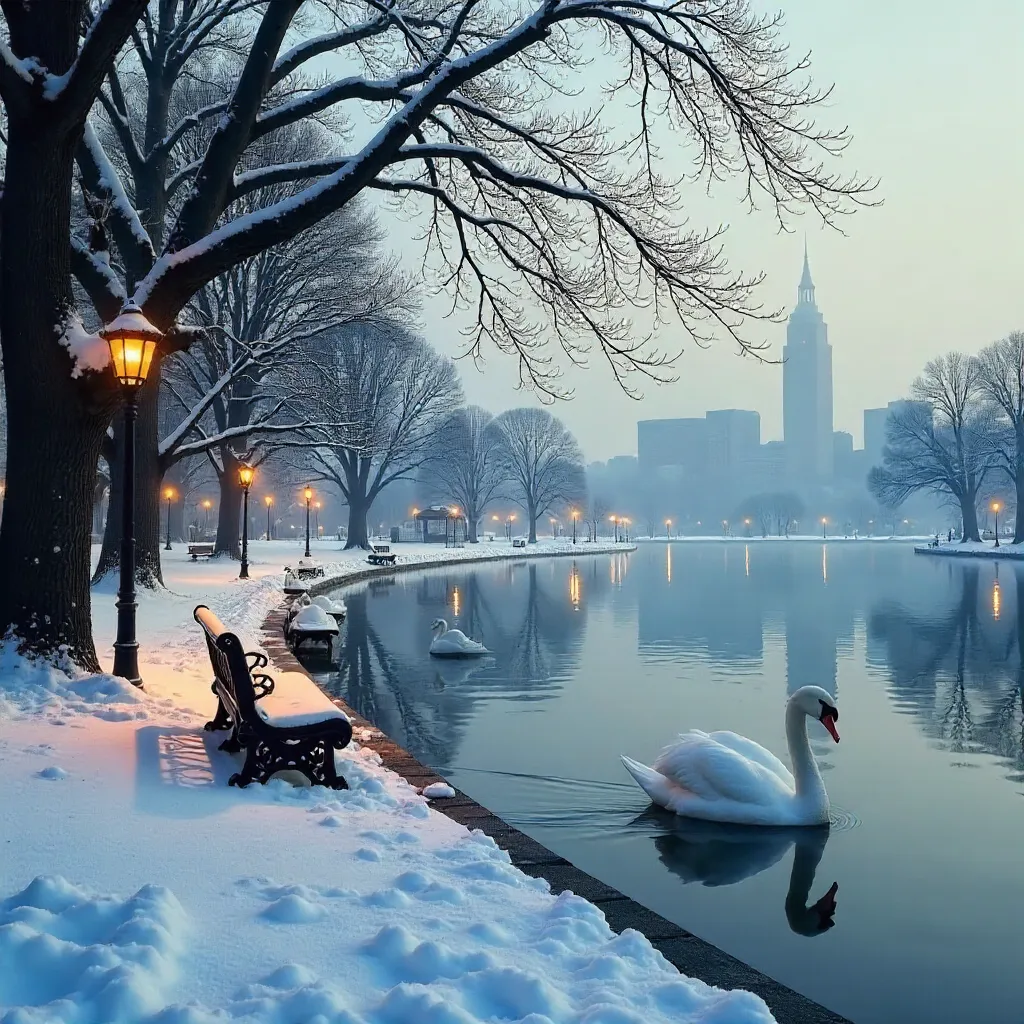 Snowy Boston Public Garden Reflections on a Frozen Lagoon