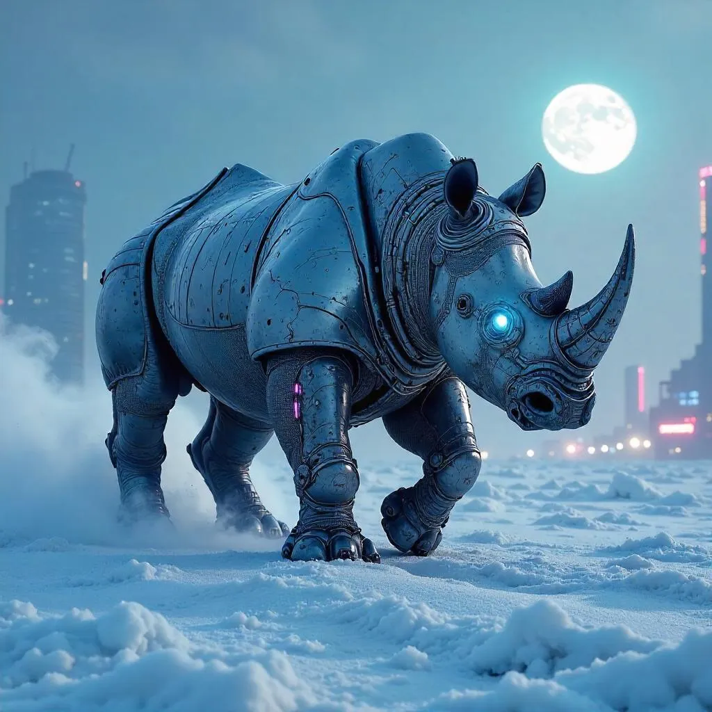 Neon Rhino in a Snowbound Cyberpunk Frontier