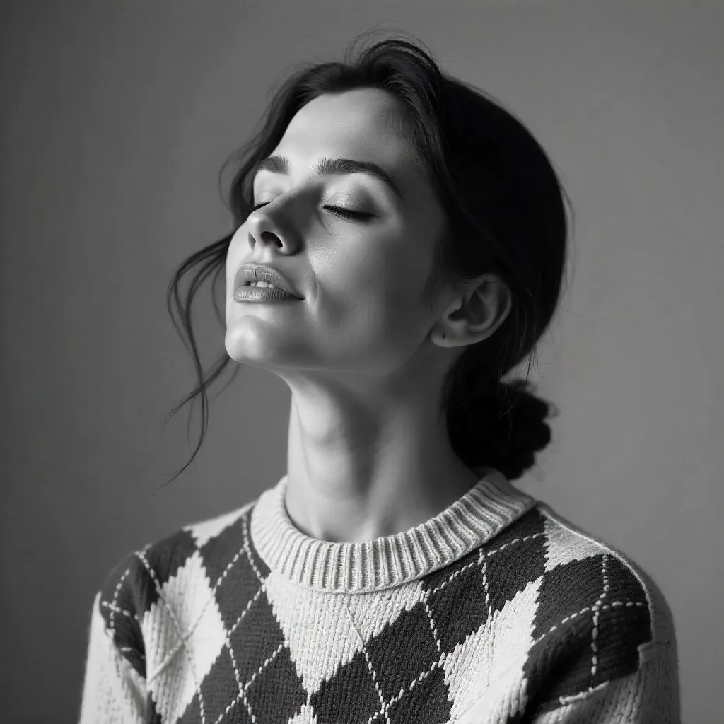 Serene Black-and-White Portrait in Argyle Knit