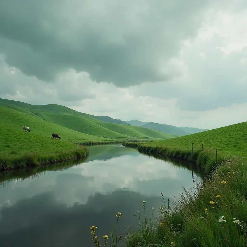 Green Bulgarian Fields Under Cloudy Sky by Calm Water