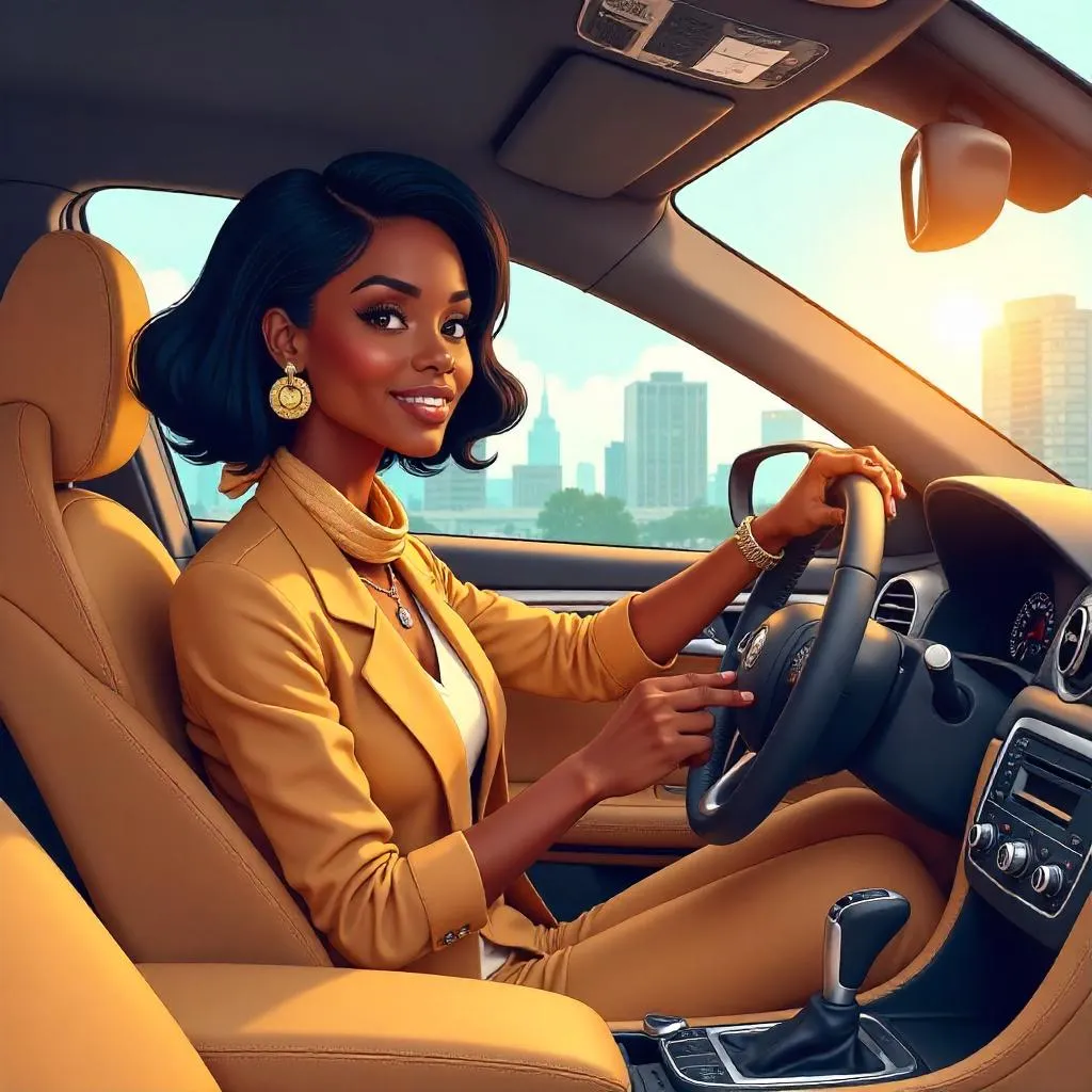 Elegant Black Woman in a Cartoon Car