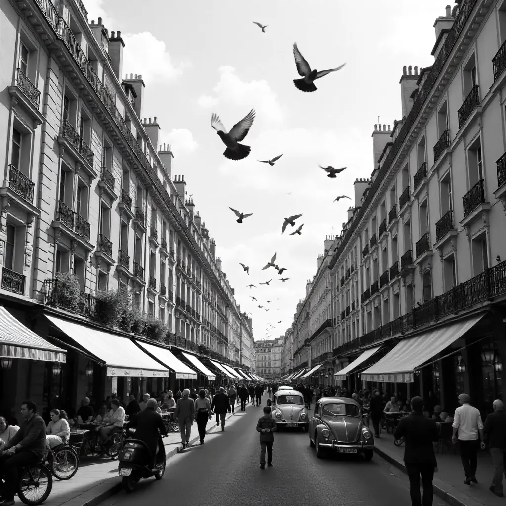 Monochrome Paris: Birds Over a Bustling Street
