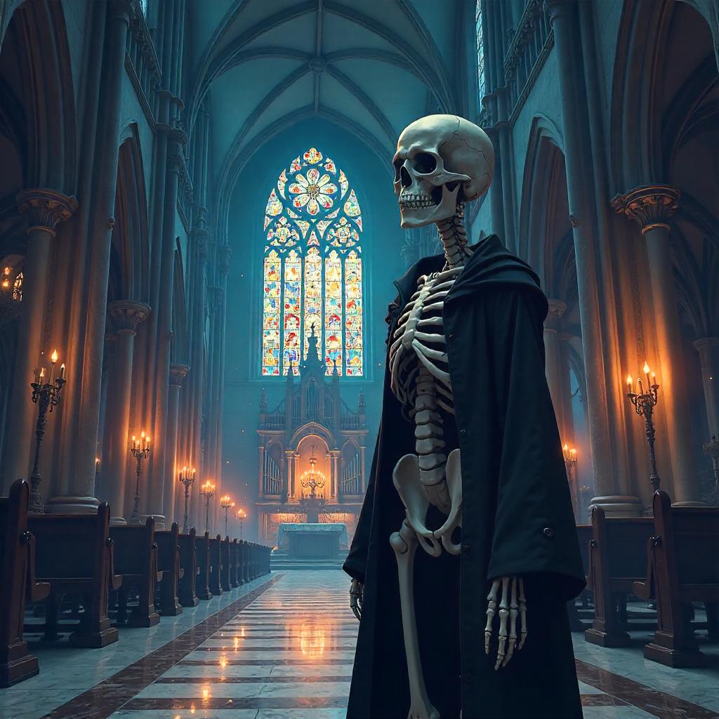 Anime Skeleton in a Gothic Cathedral