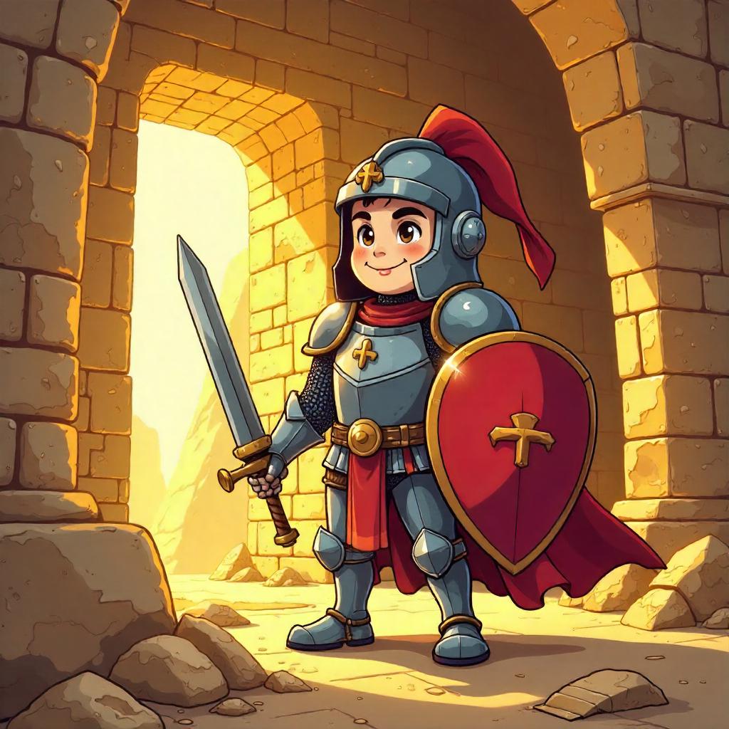 Cartoon Knight Exploring a Secret Pyramid