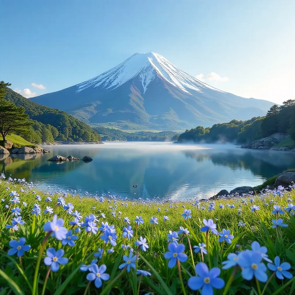 Scenic Mount Fuji with Blue Flowers in Spring