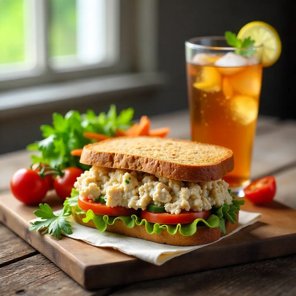 Healthy Tuna Sandwich Lunch on Rustic Table