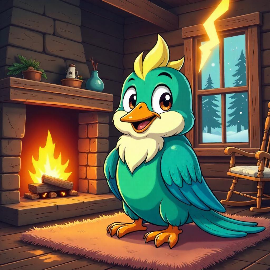 Cozy Cartoon Thunderbird in a Log Cabin