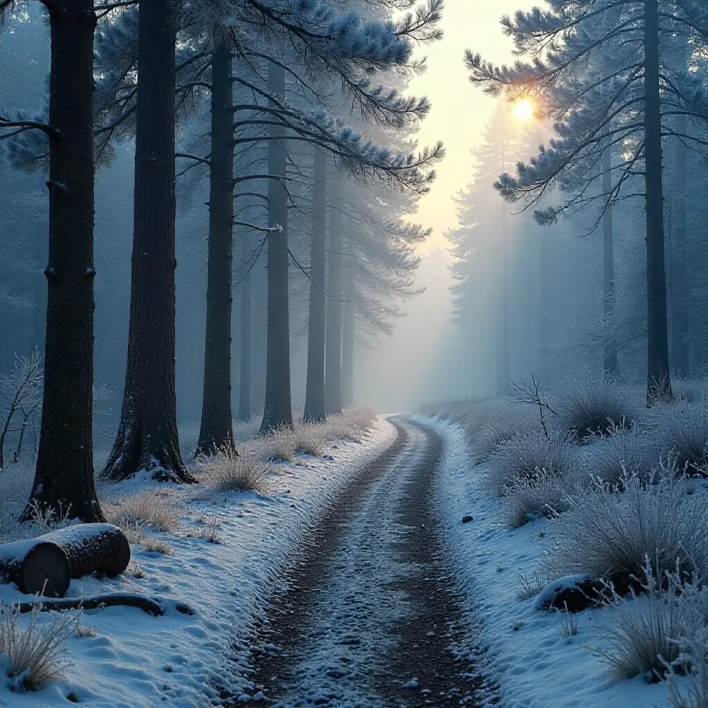 Tranquil Frosty Forest Path in Mist