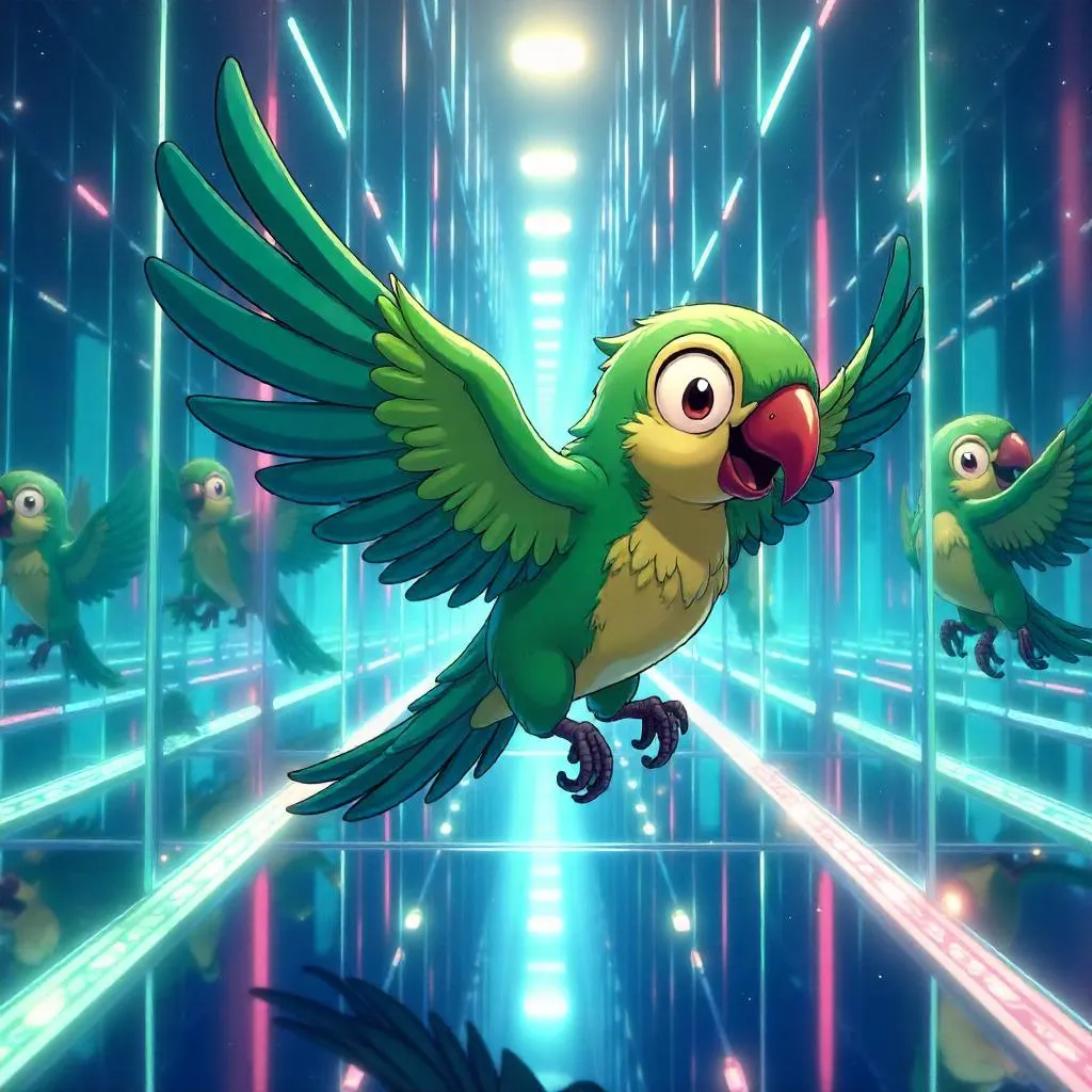 Parrot in a Neon Anime Mirror Maze