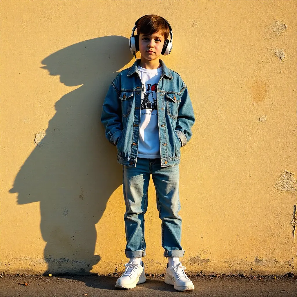 Sunlit Teen in Stylish Streetwear by Textured Wall