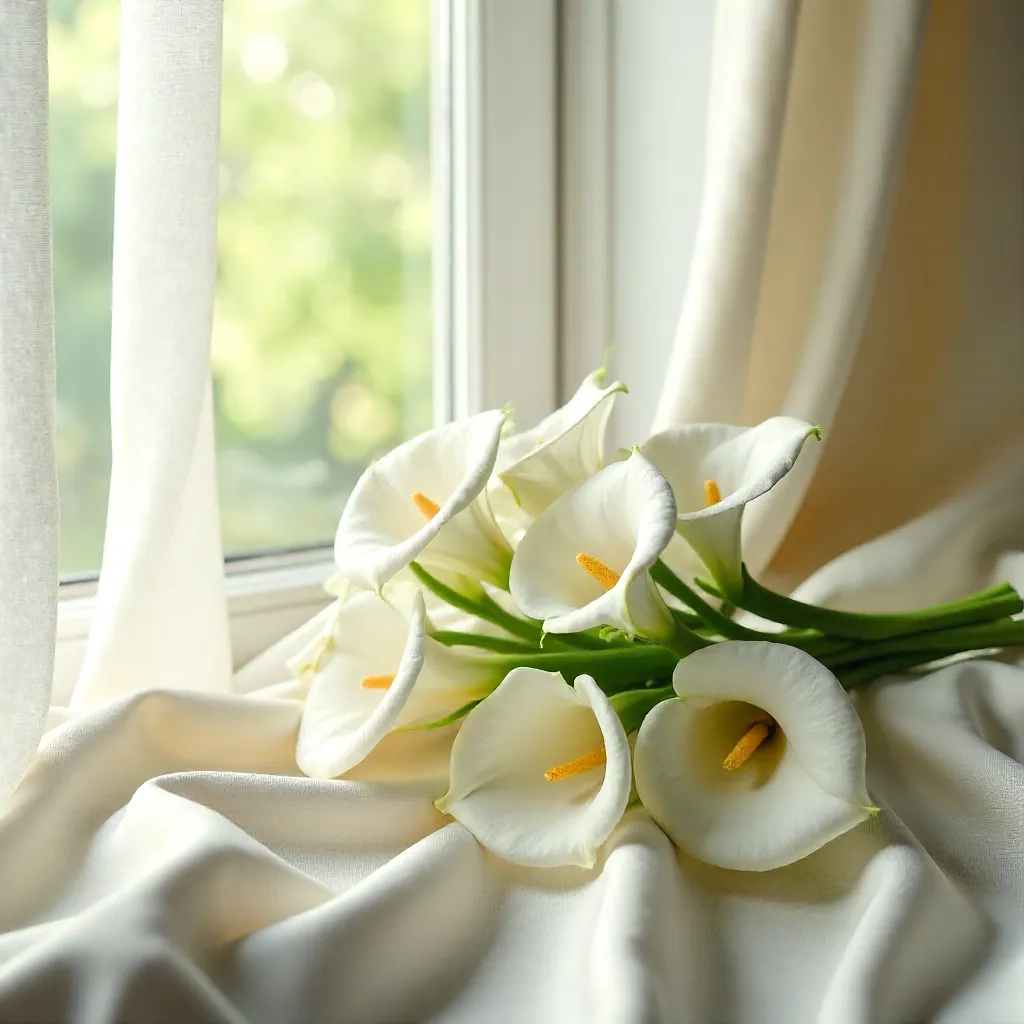White Calla Lily Bouquet by Window with Sheer Curtains