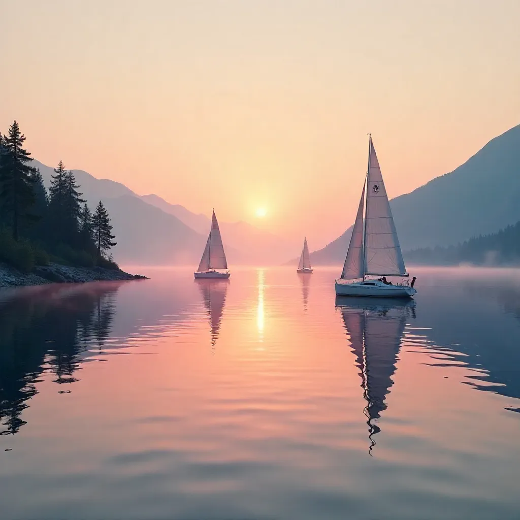 Dawn on a Peaceful Lakeside with Sailboats