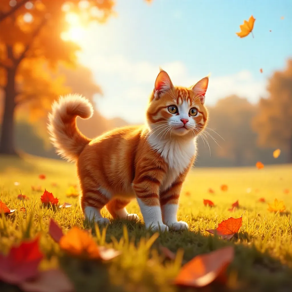 Sunlit Autumn Cat in a Leaf-Littered Field