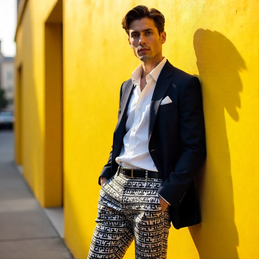 Yellow-Wall Fashion Portrait of a Patterned-Pants Stylist