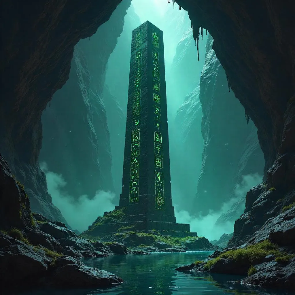 Glyph-Glow Obelisk in the Silent Cave