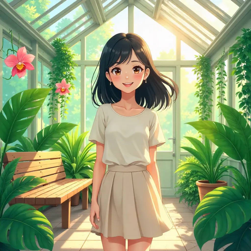 Cheerful Asian Girl in a Lush Conservatory (Anime)