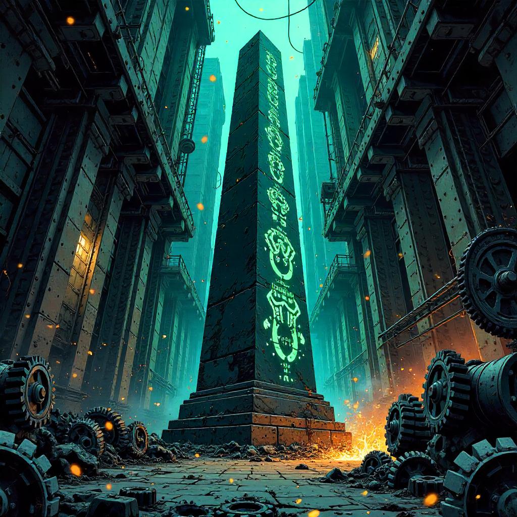Obelisk Rising in a Gear Factory - Comic Style