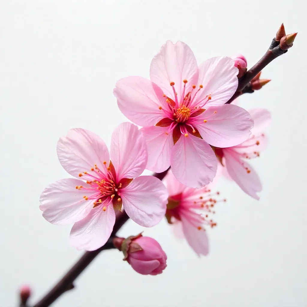 Tranquil Pink Cherry Blossoms on White Studio Background