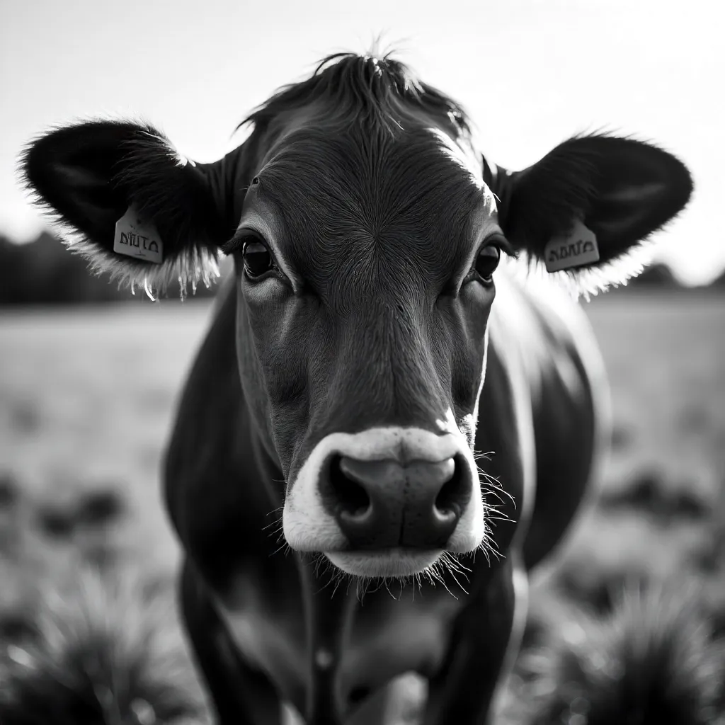 Monochrome Cow Portrait: Close-Up in the Field