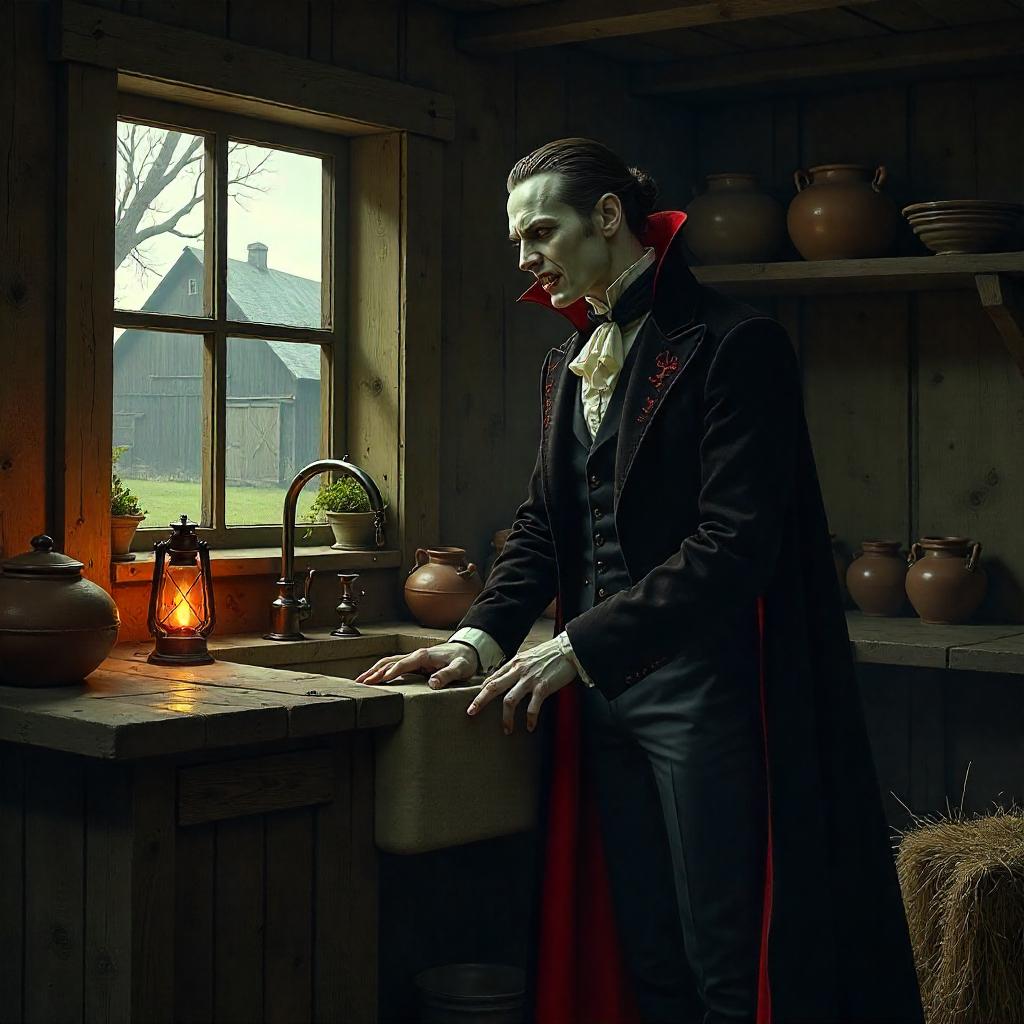 Vampire in the Farmhouse at Dusk