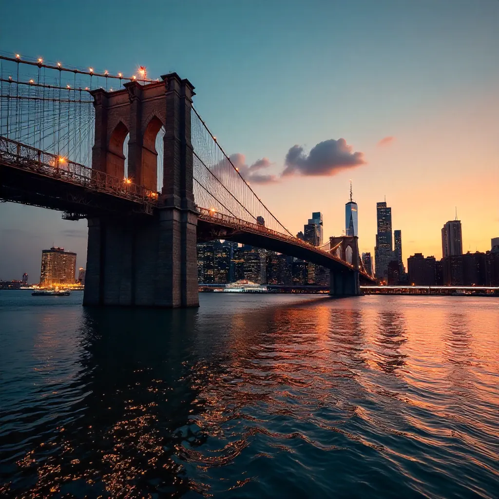 Brooklyn Bridge Vista Over NYC Skyline with One World Trade Center
