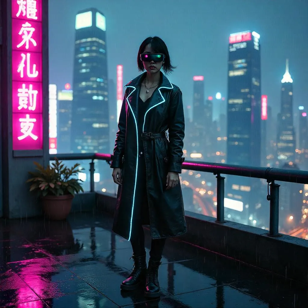 Confident Asian Woman on a Neon Cyberpunk Terrace