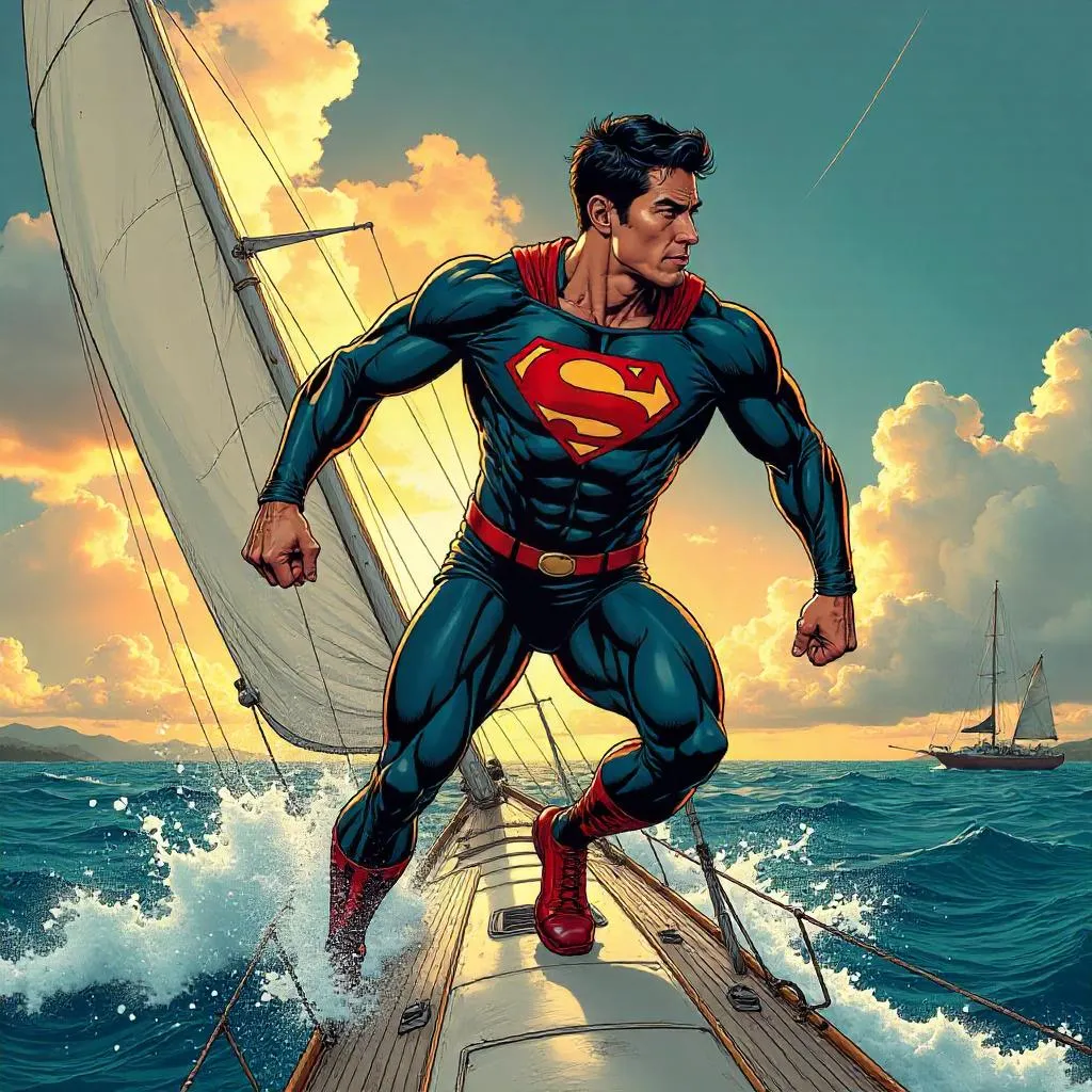 Athletic Asian Hero on a Stormy Sailboat