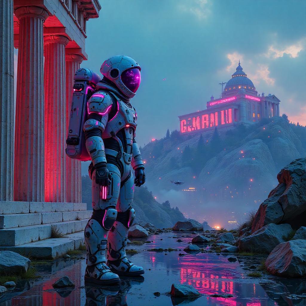 Neon Astronaut Among Ancient Greek Ruins