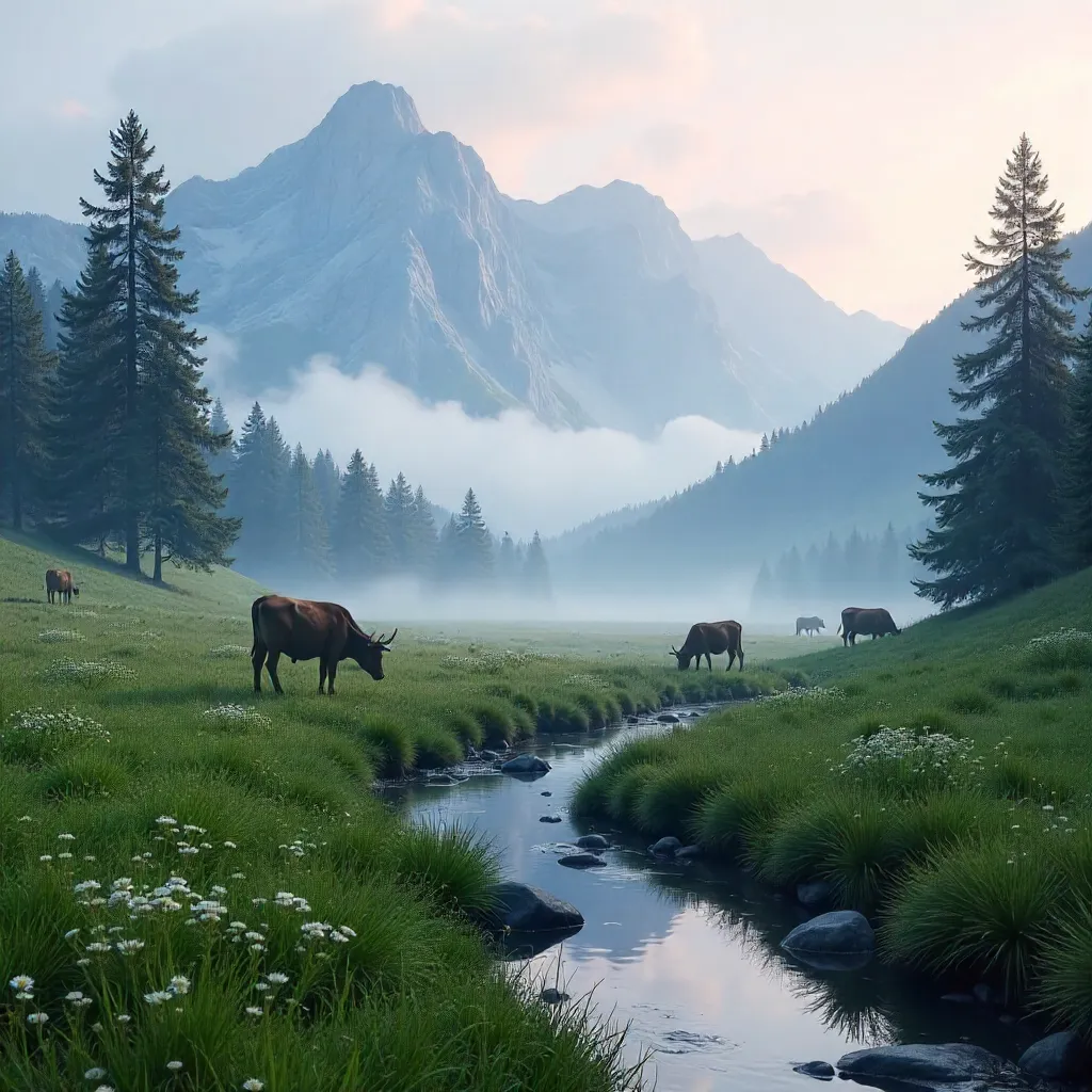 Foggy Mountain Meadow: Cows Grazing in Tranquil Dawn